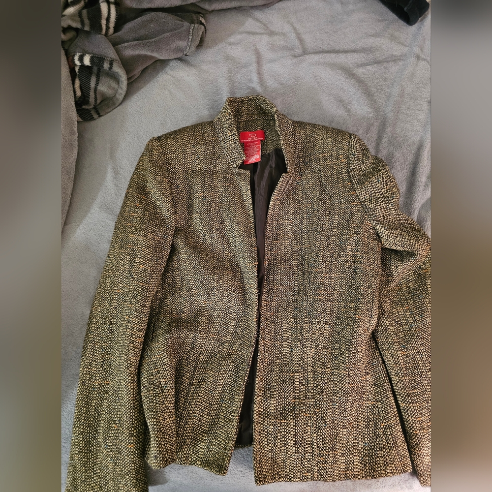 Oscar DeLa Renta Womens Brown Tweed Belted Jacket Blazer Long Sleeve SizeG
